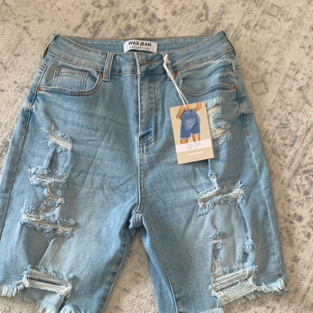 Wax Jean Light Blue Distressed Ripped Denim Shorts
